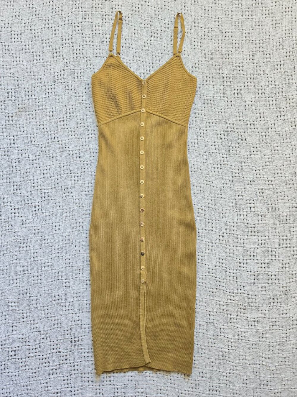 Marciano Los Angeles Dijon Yellow Ribbed Knit Midi Dress Front Slit Buttons Sz M